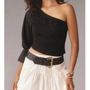 By Anthropologie Womens One-Shoulder Black Puff-Sleeve Top  Size S